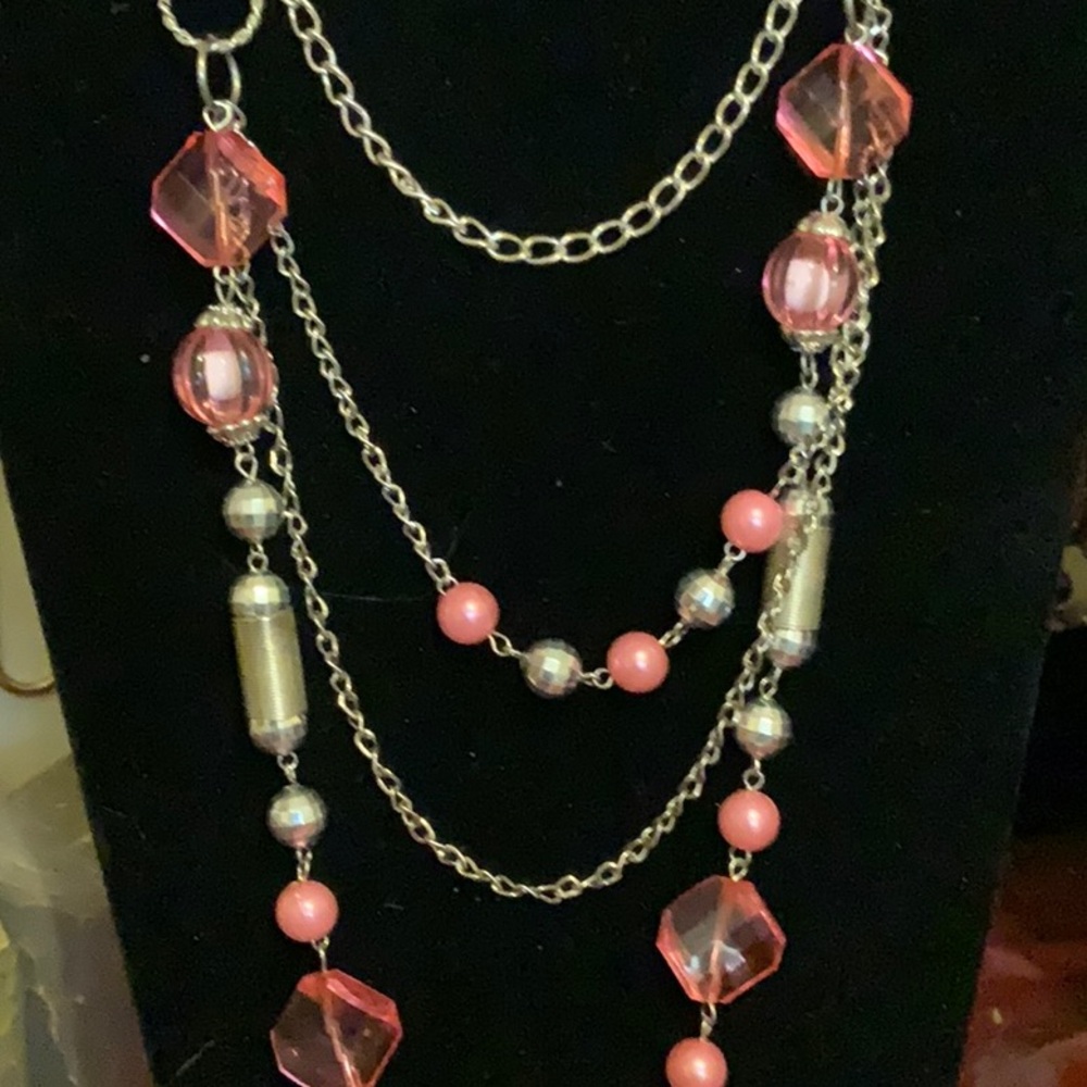 34” multilayered pink and silver tone necklace